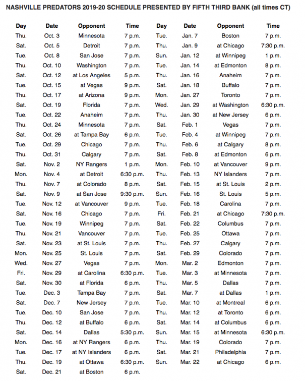 nashville predators schedule 2022